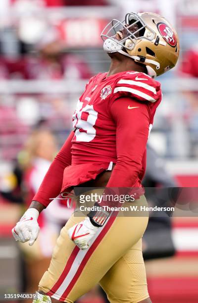 Arden Key of the San Francisco 49ers reacts after sacking Colt McCoy of the Arizona Cardinals during the fourth quarter at Levi's Stadium on November...
