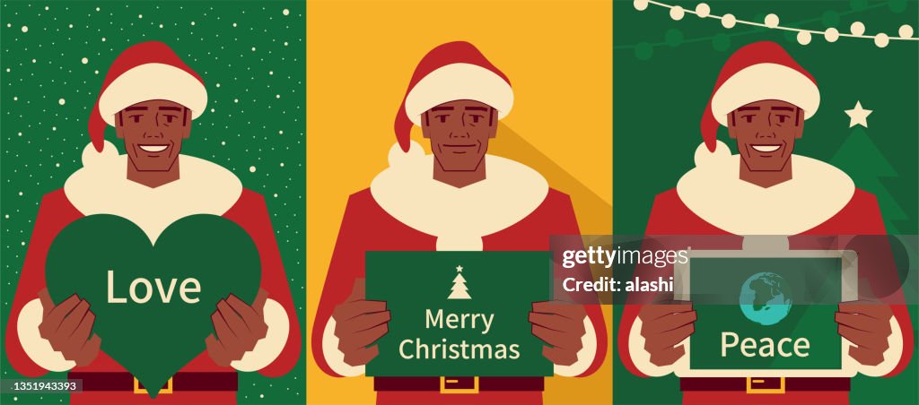Hombres Maduros Guapos Y Felices Vestidos Con Un Traje De Santa Claus  Sosteniendo Una Tarjeta De Felicitación De Navidad Y Un Letrero En Forma De  Corazón Y Una Tableta Digital Ilustración de