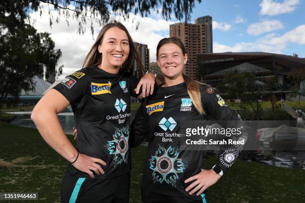 Mikayla Hinkley and Courtney Sippel from the Brisbane Heat during the WBBL First Nations Round Launch at Pinky Flat on November 08, 2021 in Adelaide,...