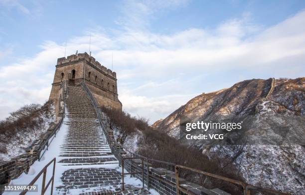 Badaling Great Wall is seen after a snowfall on November 7, 2021 in Beijing, China.