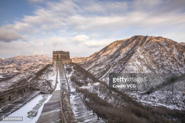 Badaling Great Wall is seen after a snowfall on November 7, 2021 in Beijing, China.