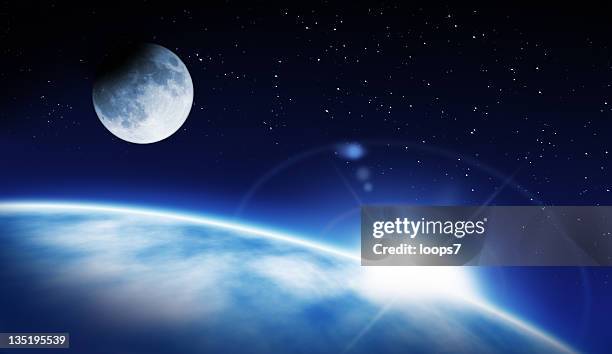 earth, rising sun and moon - planet space stock pictures, royalty-free photos & images