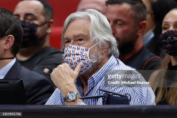 Owner Micky Arison of the Miami Heat looks on during the second quarter against the Boston Celtics at FTX Arena on November 04, 2021 in Miami,...