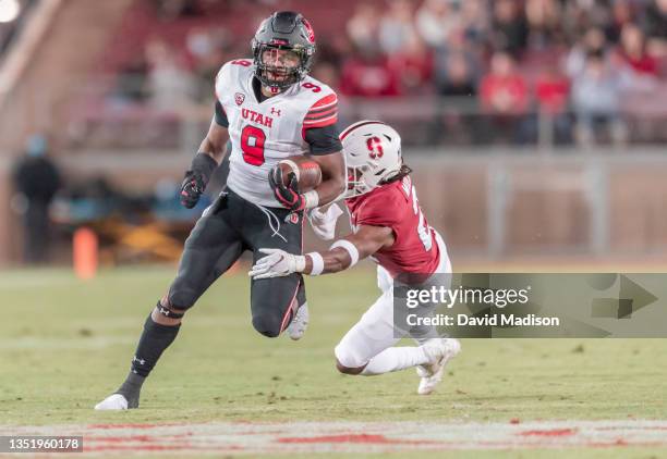 Tavion Thomas of the Utah Utes plays in an NCAA Pac-12 college football game against the Stanford Cardinal on November 5, 2021 at Stanford Stadium in...