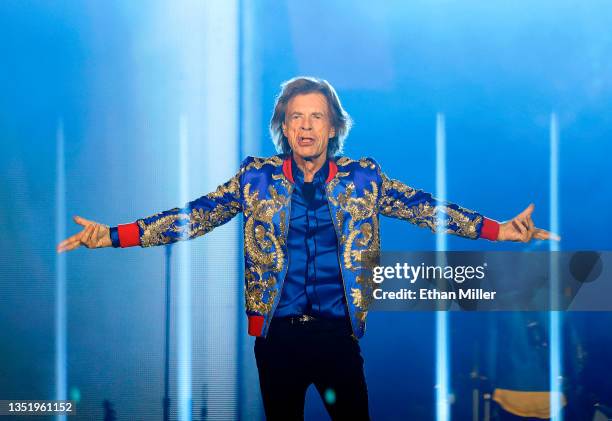 Singer Mick Jagger of The Rolling Stones performs during a stop of the band's No Filter tour at Allegiant Stadium on November 6, 2021 in Las Vegas,...