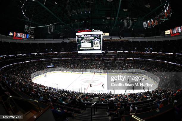 General view inside the Honda Center during the third period of a game between the Anaheim Ducks and the St. Louis Blues on November 07, 2021 in...