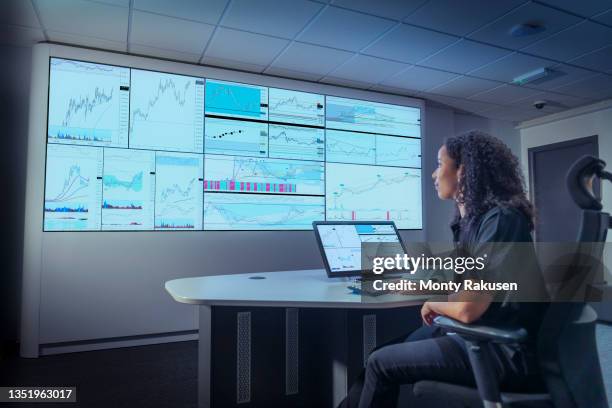 uk, york, woman studying trading charts on multiple screens - multiple screens stockfoto's en -beelden