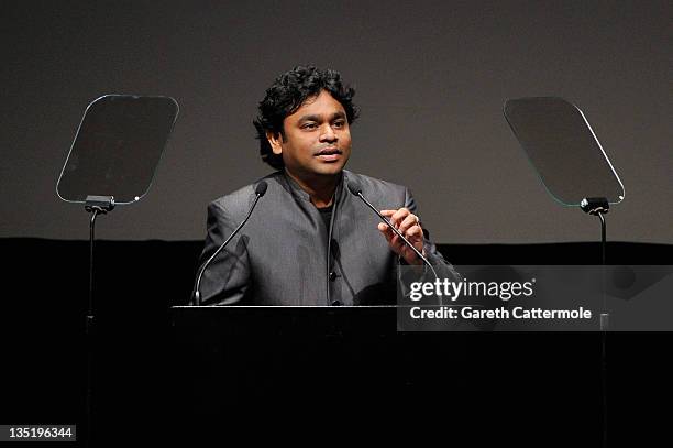 Composer AR Rahman speaks on stage as he receives the Lifetime Achievement Award at the opening ceremony during day one of the 8th Annual Dubai...