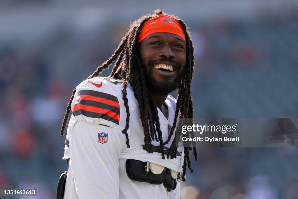 Jadeveon Clowney of the Cleveland Browns looks on before the game against the Cincinnati Bengals at Paul Brown Stadium on November 07, 2021 in...