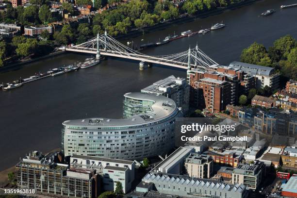 uk, london, aerial view of battersea buildings and river thames - stratford london stock-fotos und bilder