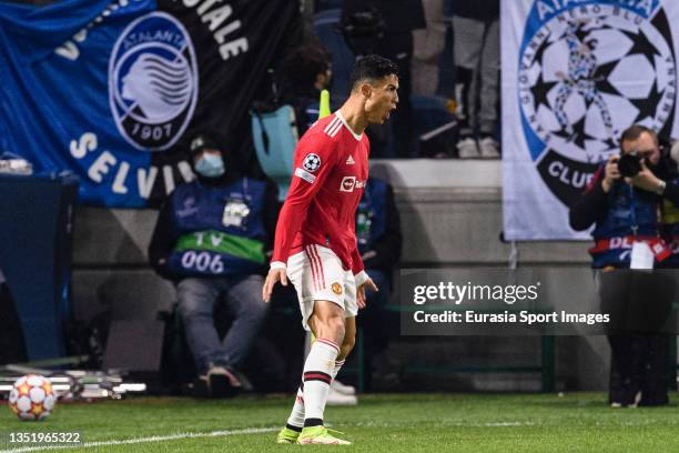 Cristiano Ronaldo of Manchester United celebrates his goal during the UEFA Champions League group F match between Atalanta and Manchester United at...