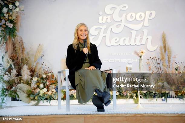 Gwyneth Paltrow speaks during In goop Health Summit presented by Porsche 2021 at Porsche Experience Center Los Angeles on November 07, 2021 in Los...