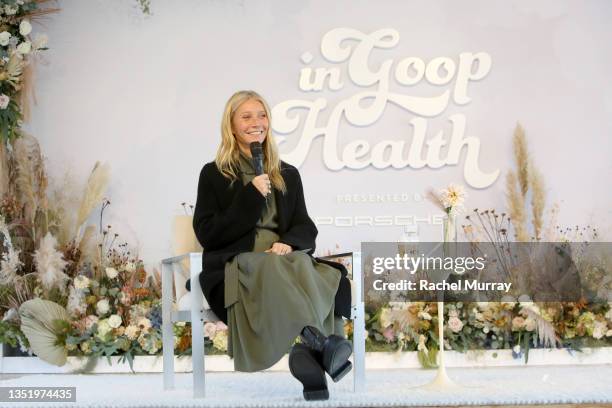 Gwyneth Paltrow speaks during In goop Health Summit presented by Porsche 2021 at Porsche Experience Center Los Angeles on November 07, 2021 in Los...