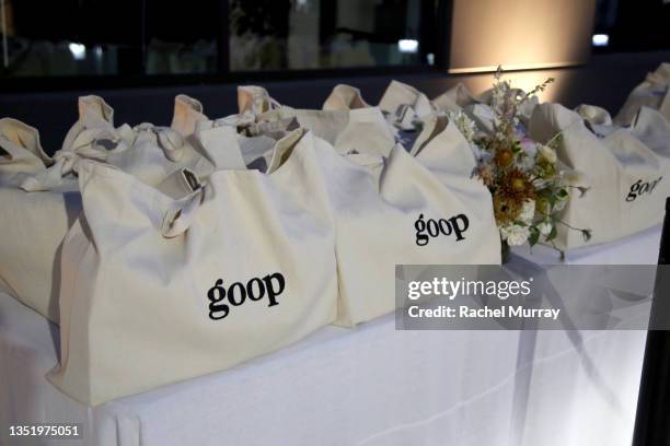 Goop giftbags are seen during In goop Health Summit presented by Porsche 2021 at Porsche Experience Center Los Angeles on November 07, 2021 in Los...