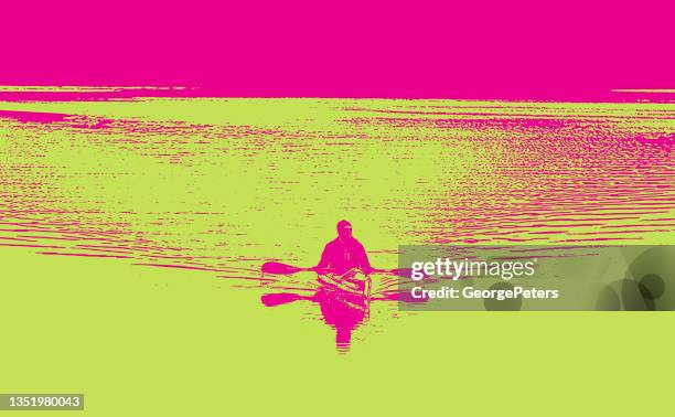man kayaking on lake - life jacket stock illustrations