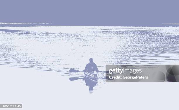 man kayaking on lake - paddleboarding stock illustrations