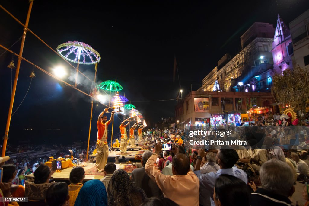 Ganga Arati in the evening Image of Holy Place of India at Varanasi Stock Photo
