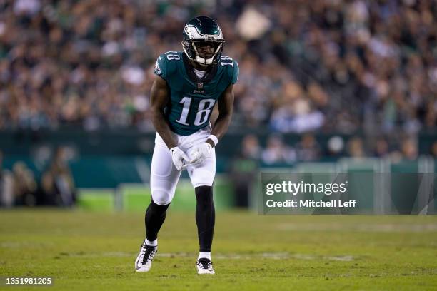 Jalen Reagor of the Philadelphia Eagles in action against the Los Angeles Chargers at Lincoln Financial Field on November 7, 2021 in Philadelphia,...