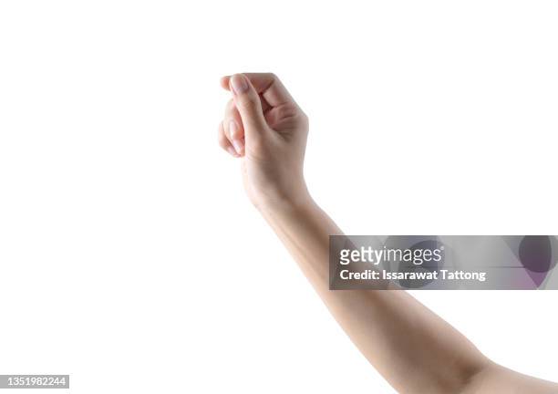 woman hand holding some like a blank card isolated on a white background - mano umana foto e immagini stock
