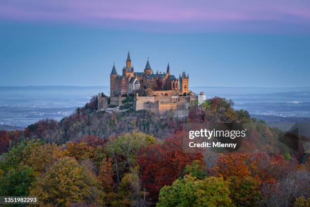 castle hohenzollern sunrise in autumn hohenzollern castle germany - germany castle stock pictures, royalty-free photos & images