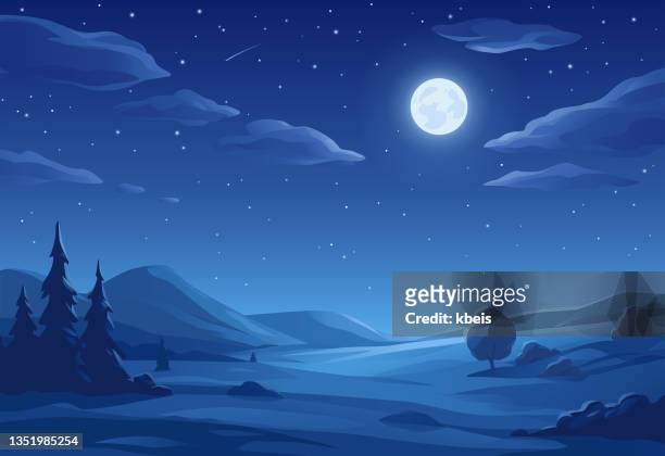 ilustrações, clipart, desenhos animados e ícones de paisagem da lua cheia - noite
