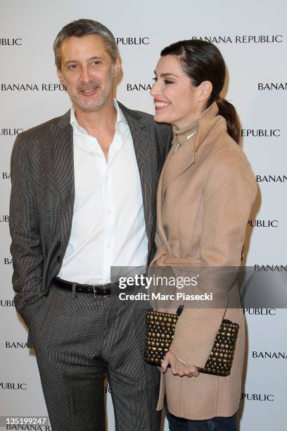 Filmmaker Antoine de Caunes and his wife Daphne Roulier attend the Banana Republic Champs-Elysees Flagship Opening photocall on December 7, 2011 in...