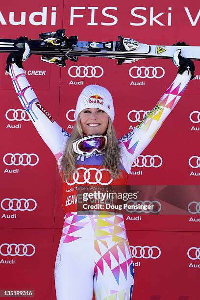 Lindsey Vonn takes the podium after winning the women's Super G on the Birds of Prey at the Audi FIS World Cup on December 7, 2011 in Beaver Creek,...