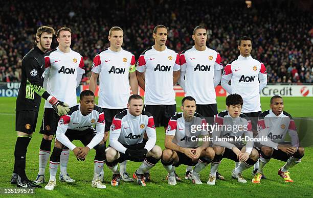 The Manchester Uinted team line up ahead of the UEFA Champions League Group C match between FC Basel 1893 and Manchester United at St. Jakob-Park on...