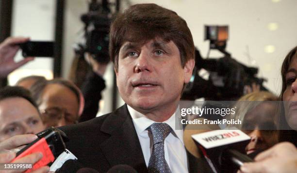 Former Illinois Governor Rod Blagojevich pauses while speaking to the media at the Dirksen Federal Building December 7, 2011 in Chicago, Illinois....