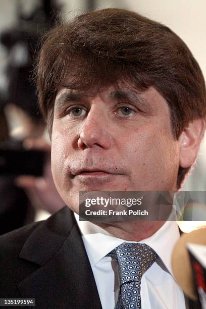 Former Illinois Governor Rod Blagojevich pauses while speaking to the media at the Dirksen Federal Building December 7, 2011 in Chicago, Illinois....