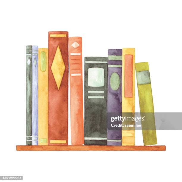 ilustraciones, imágenes clip art, dibujos animados e iconos de stock de libros de acuarela en el estante - livro