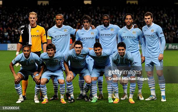 The Manchester City players line up for a team photo prior to the UEFA Champions League Group A match between Manchester City and FC Bayern Muenchen...