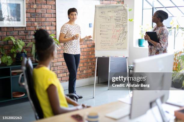 group of diverse women working together in a modern creative office - flipchart stock-fotos und bilder