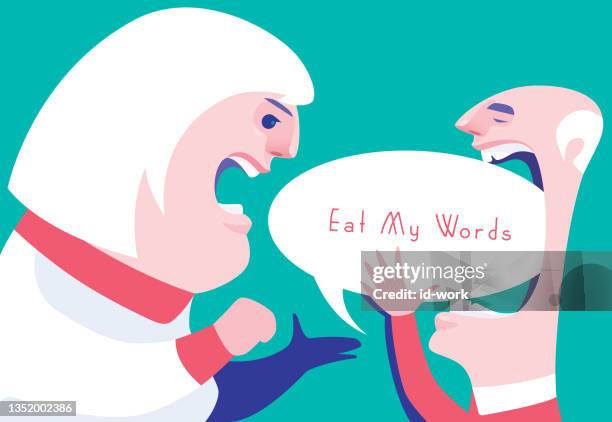 senior man eating speech bubble while wife blaming - older couple talking stock illustrations