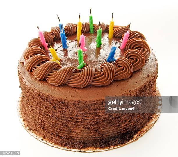 birthday chocolate cake with colorful candles - birthday cake stock pictures, royalty-free photos & images