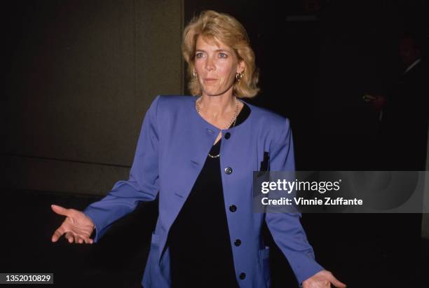 American actress Meredith Baxter wearing a blue, crew neck jacket over a black outfit, circa 1990.