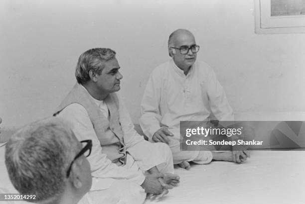 Jan Sangh leaders Atal Behari Vajpayee with party President Lal Krishna Advani during a meeting of the party in New Delhi after fall of Morarji Desai...