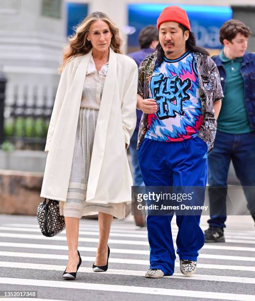 Sarah Jessica Parker and Bobby Lee seen on the set of "And Just Like That..." the follow up series to "Sex and the City" in Madison Square Park on...
