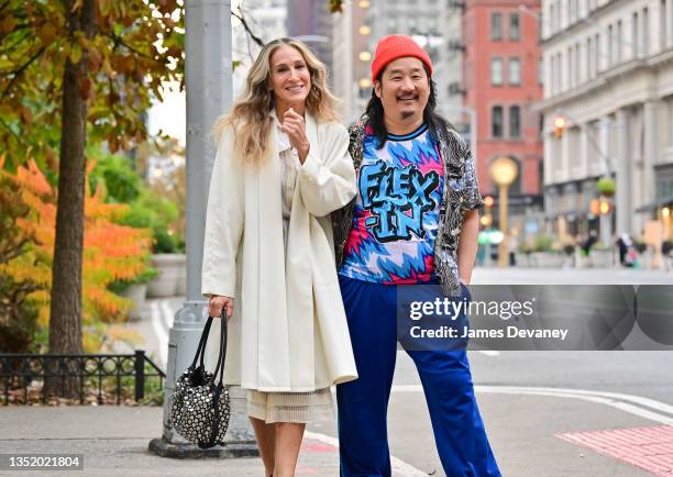 Sarah Jessica Parker and Bobby Lee seen on the set of "And Just Like That..." the follow up series to "Sex and the City" in Madison Square Park on...