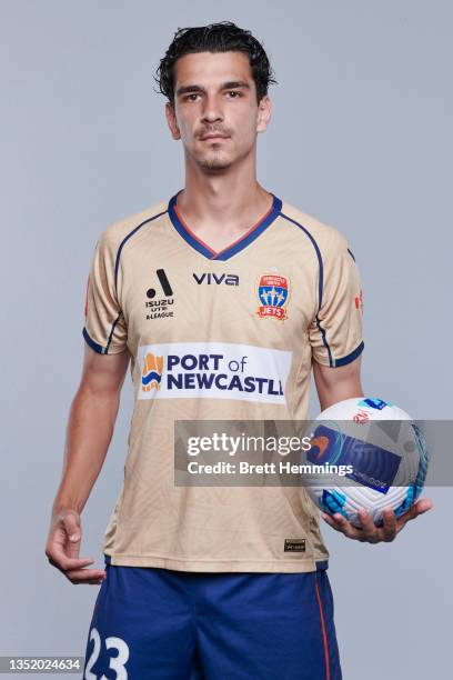 Eli Babalj poses during the Newcastle United A-League headshots session at McDonald Jones Stadium on November 08, 2021 in Newcastle, Australia.