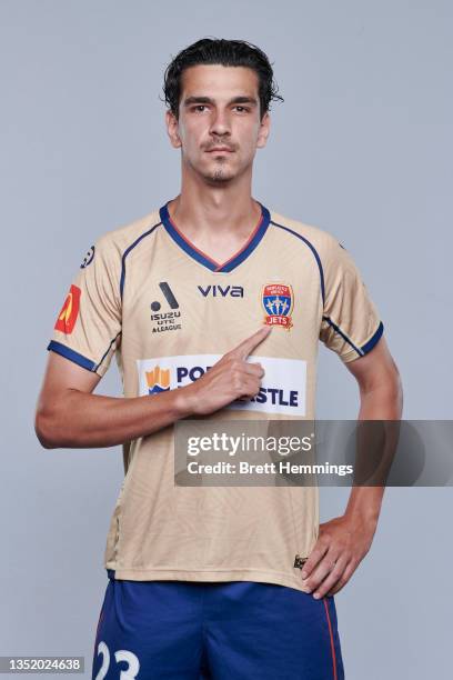 Eli Babalj poses during the Newcastle United A-League headshots session at McDonald Jones Stadium on November 08, 2021 in Newcastle, Australia.