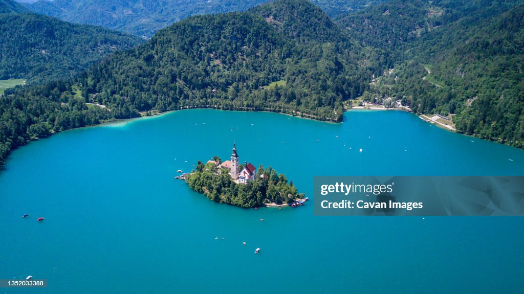 Church on lake blake island in slovenia