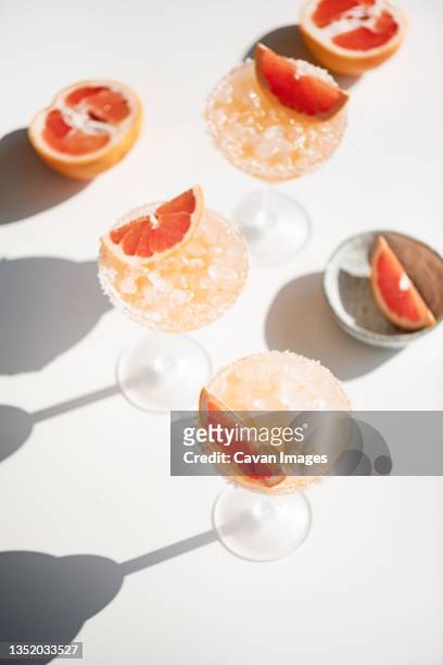 pink grapefruit margarita cocktails on white background with shadows - grapefruit cocktail stock pictures, royalty-free photos & images