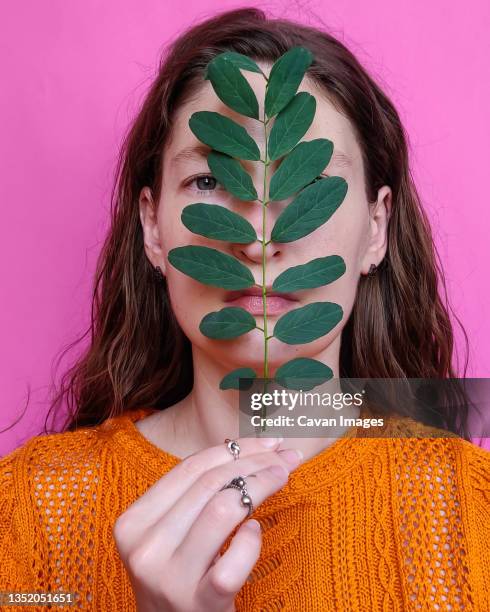 portrait of a woman on a pink background with a branch - beauty salon ukraine stock pictures, royalty-free photos & images