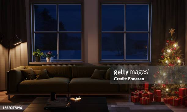 living room at christmas with winter view - christmas tree home stock pictures, royalty-free photos & images