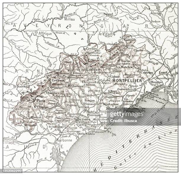antike französische landkarte von hérault (département) - hérault stock-grafiken, -clipart, -cartoons und -symbole