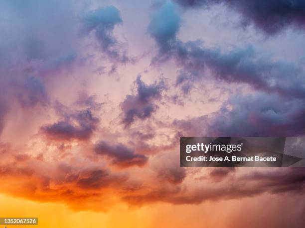 full frame of storm clouds and rain in the sky during a sunset. - romantische stimmung stock-fotos und bilder