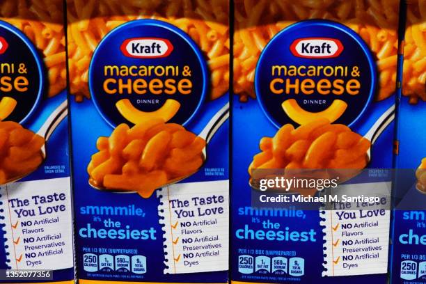 Boxes of Macaroni & Cheese are seen on display at Ideal Food Basket on November 08, 2021 in the Flatbush neighborhood of Brooklyn borough in New York...
