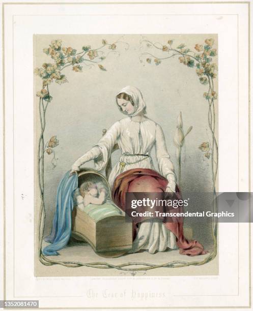 Illustration , entitled 'The Tear of Happiness,' depicts a woman as she rocks a sleeping infant in a cradle, 1851. It originally appeared in Jessie...