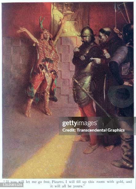 Illustration depicts Incan emperor Atahualpa captured by Spanish explorer Francisco Pizarro, 1921. It originally appeared in Frederick Winthrop...